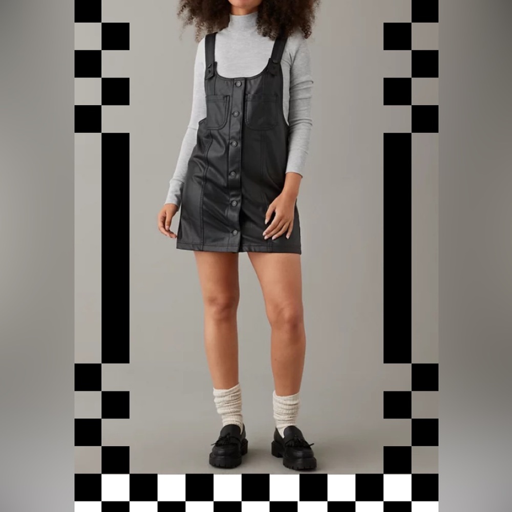 American Eagle Vegan Leather Pinafore Mini Dress Black Sz XS Layering Versatile